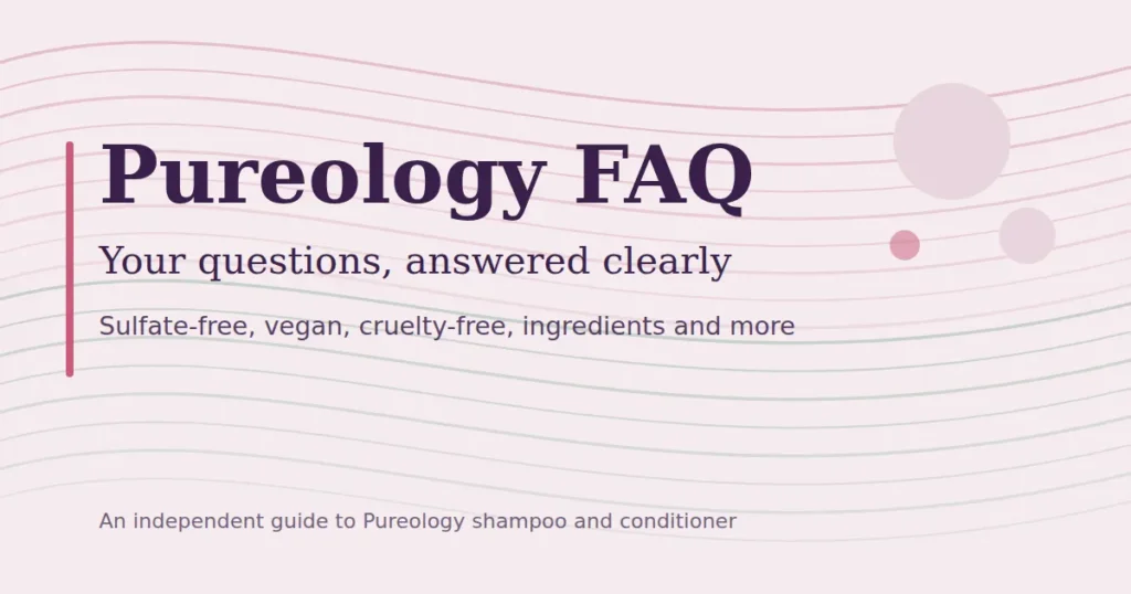Pureology FAQ banner with flowing hair strand lines and the heading Your questions, answered clearly